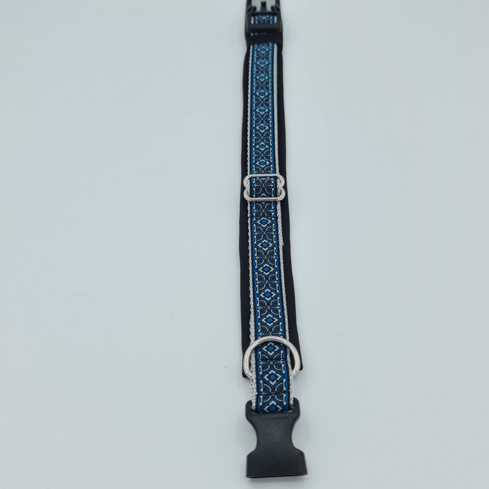 Halsband schwarz-blau-grau mit edler Bordüre verstellbar & gepolstert